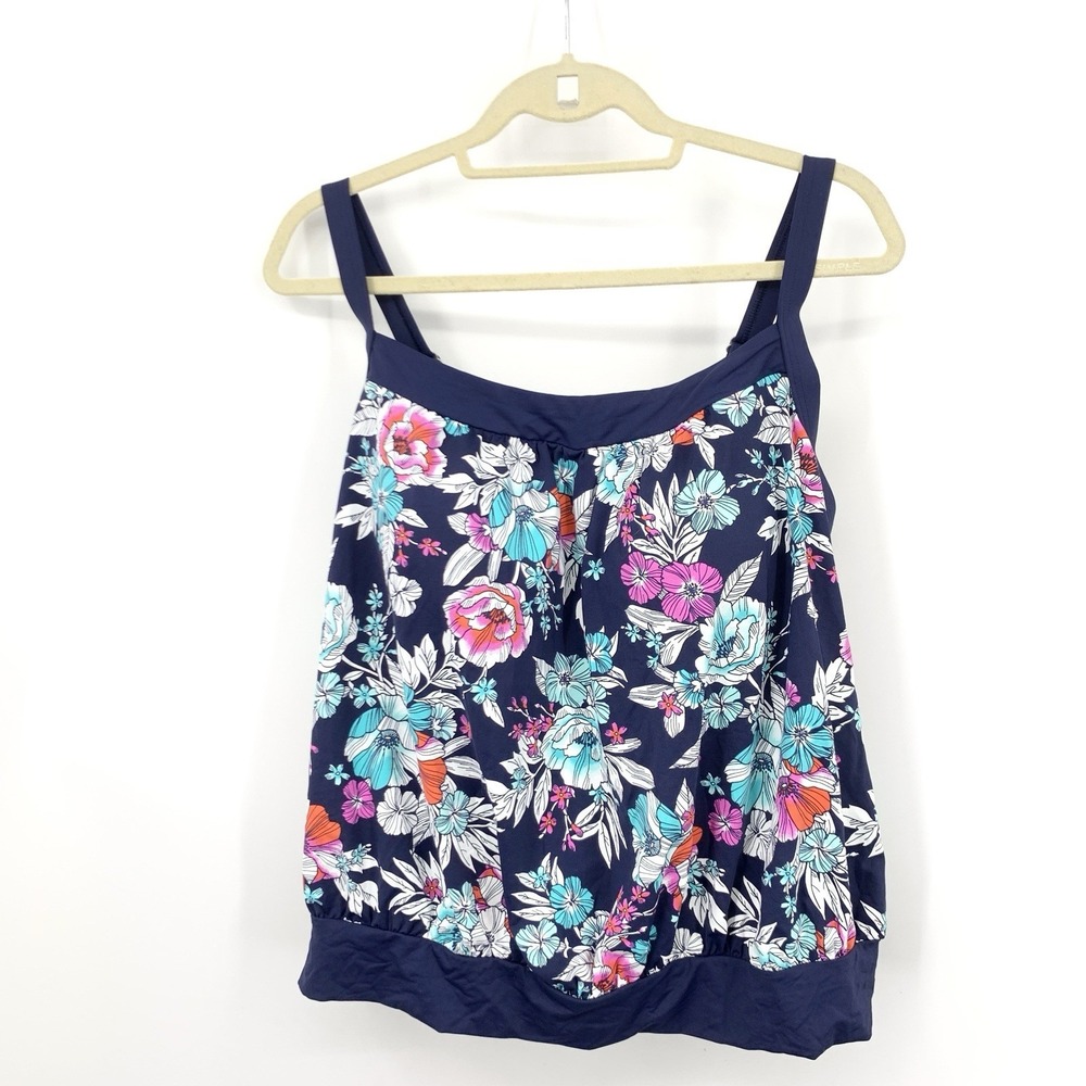 Lands End Women Size 18W Swim Top Tankini Bathing Suit Blue Pink Printed